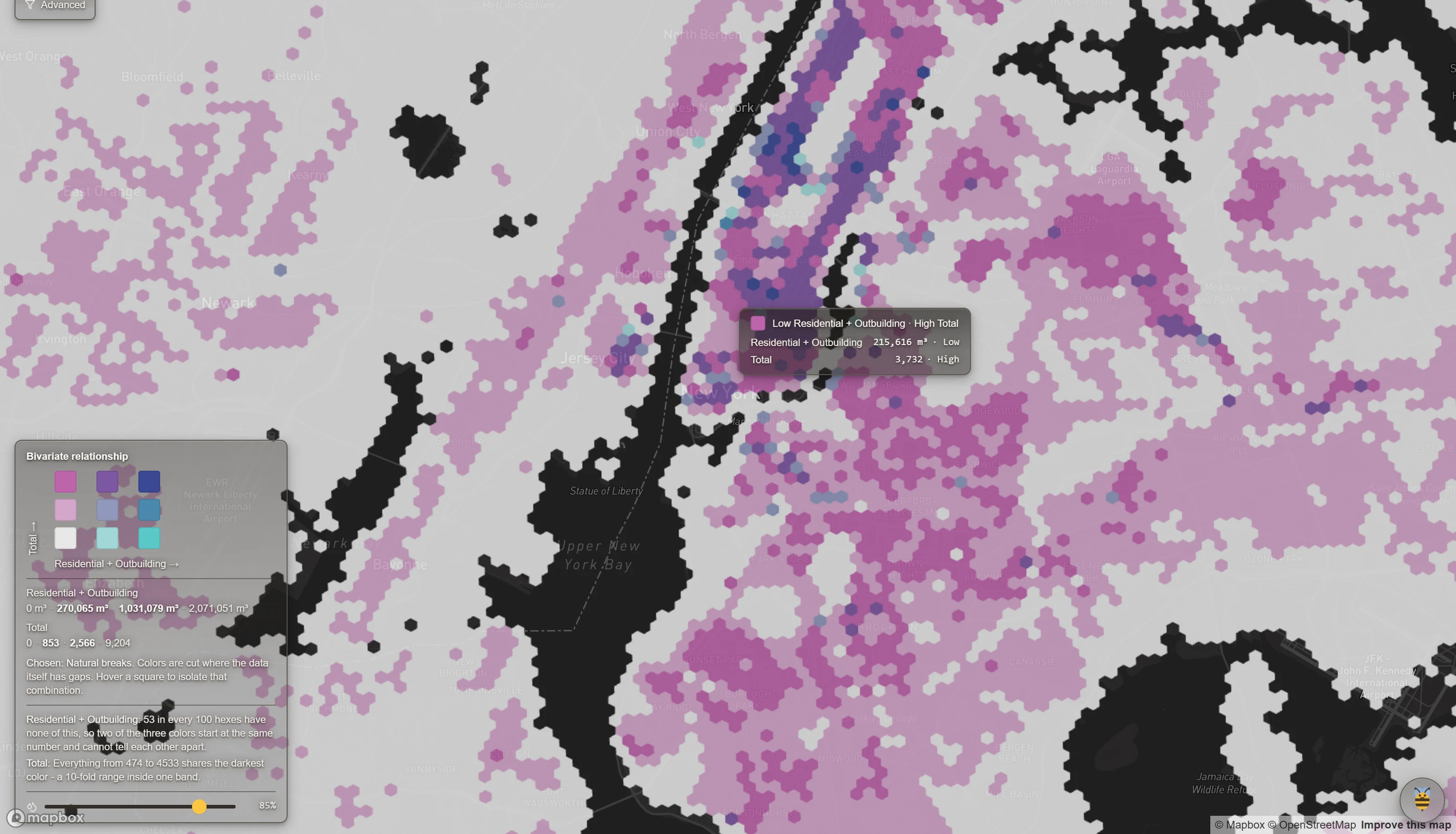 Hover card on a New York hexagon reading Low Residential + Outbuilding, High Total, with 215,616 cubic meters of building and 3,732 people, beside the legend's ladders and its notes