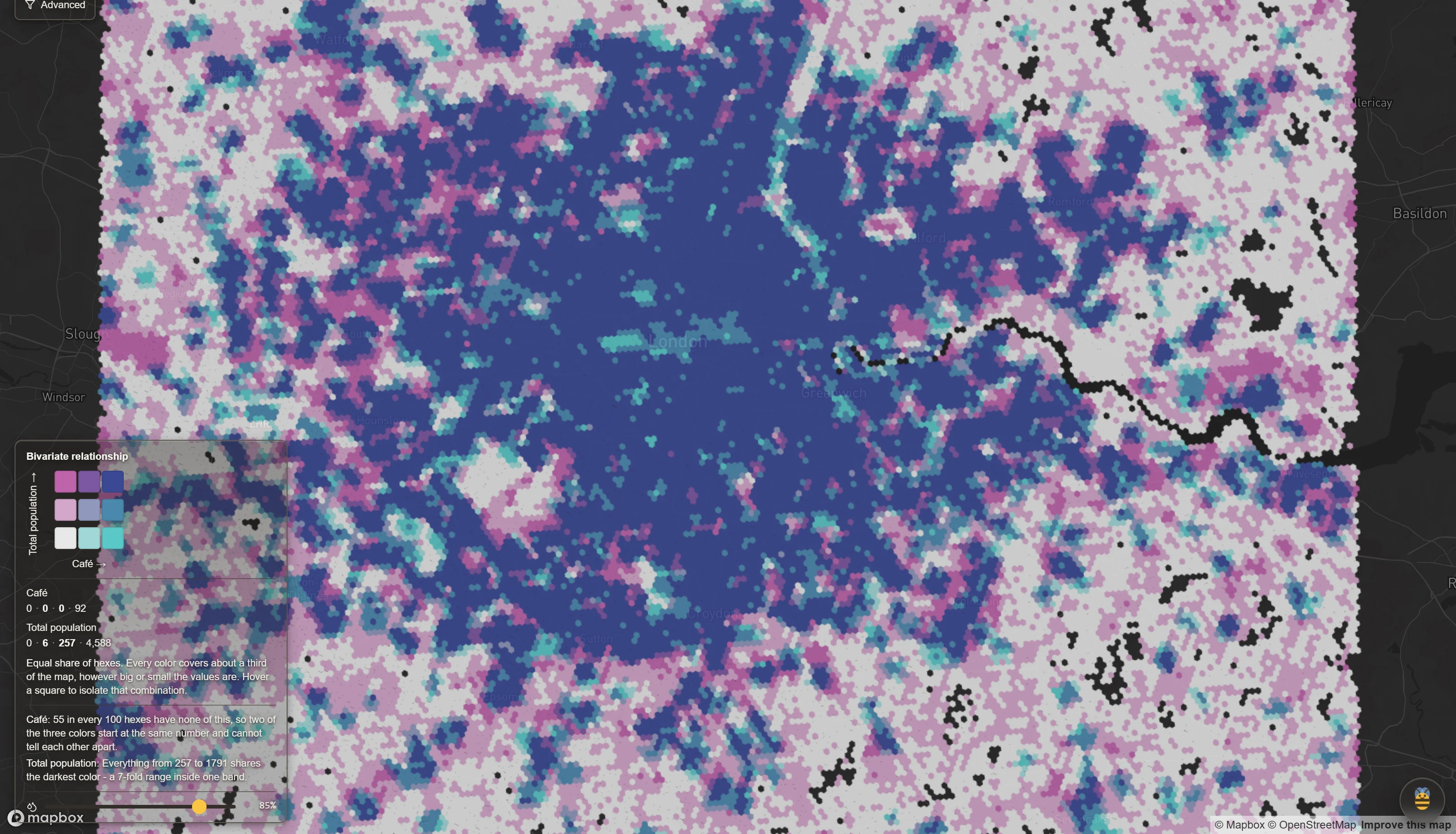 Cross two map of London: each hexagon colored on a 3×3 grid by where it falls on cafés within a 10-minute walk and resident population at once, dark blue where both are high across inner London