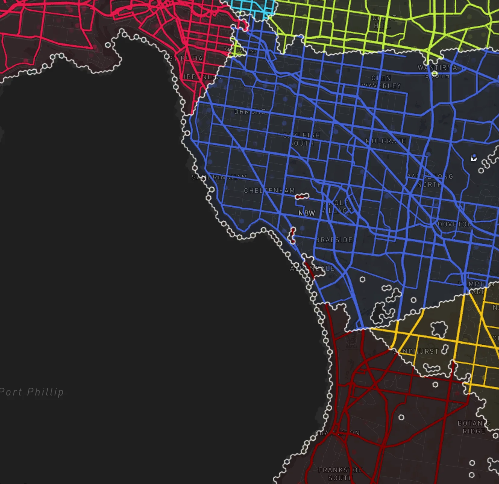 A closer view of south-east Melbourne along the bay: D's roads in blue from Glen Waverley down to Braeside, C's in lime to the north, A's in red around St Kilda, F's in dark red at Frankston and E's in yellow to the east, each road changing color at a border, with a few small dark red specks inside D's area
