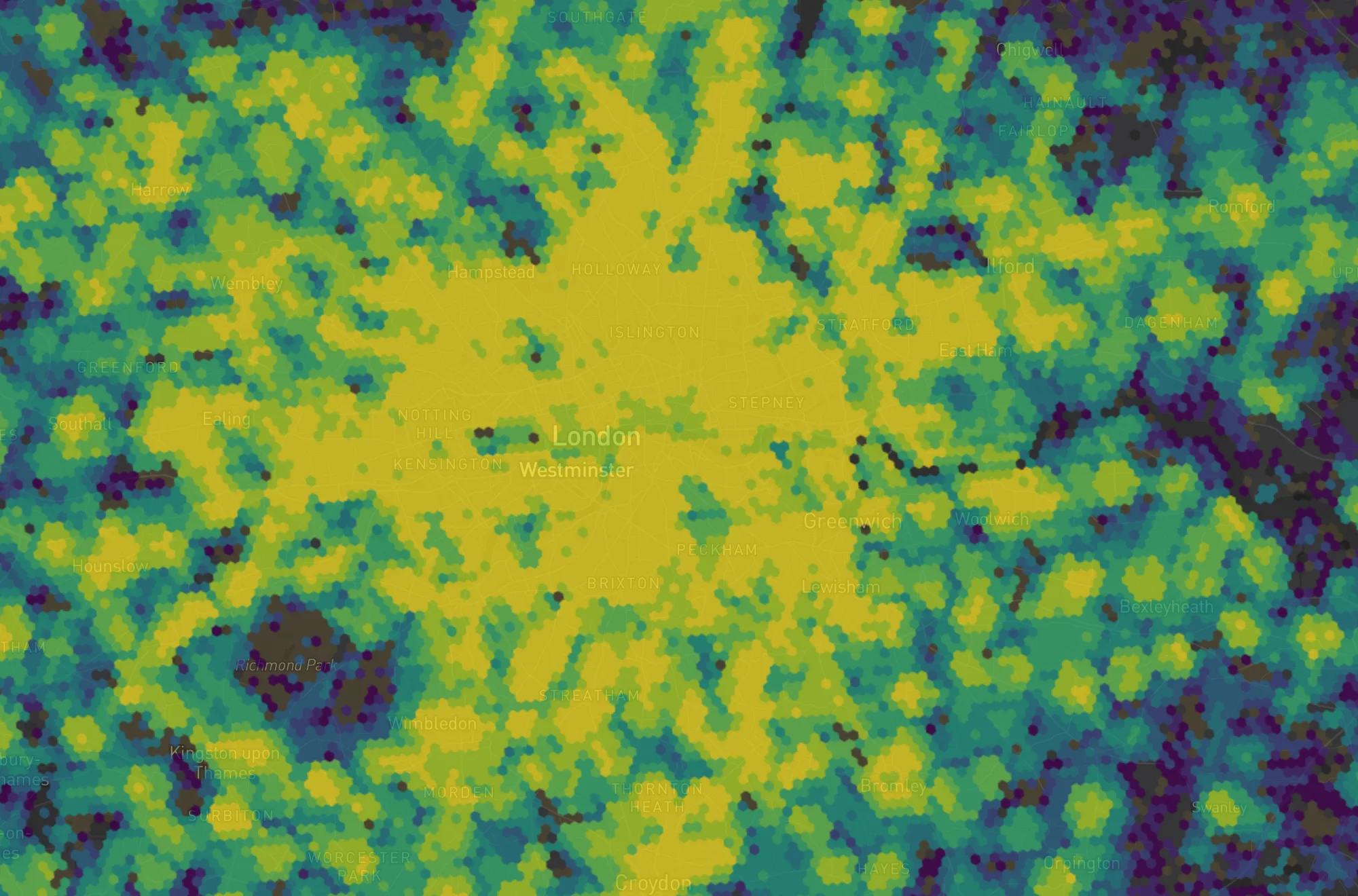 The same London score map combined by Balanced, with broad middling green across most of the city