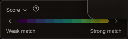 The Score legend: a Score menu with a help icon, a banded color bar from dark purple to yellow between two arrows, and the ends labeled Weak match and Strong match