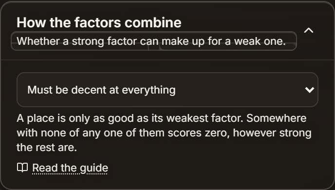 The How the factors combine card with the dropdown set to Must be decent at everything and the description: a place is only as good as its weakest factor, somewhere with none of any one of them scores zero, however strong the rest are