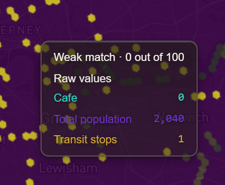 Hover card over the same area reading Weak match, 0 out of 100, with the same raw values