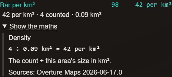 The area inspector's Show the maths, open, showing the bar count divided by the area's size in km² with the real numbers, and the method named as Density