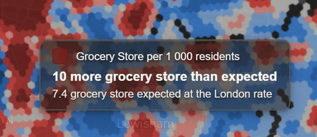 Hover card over a London area reading Grocery Store per 1 000 residents, 10 more grocery store than expected, 7.4 grocery store expected at the London rate