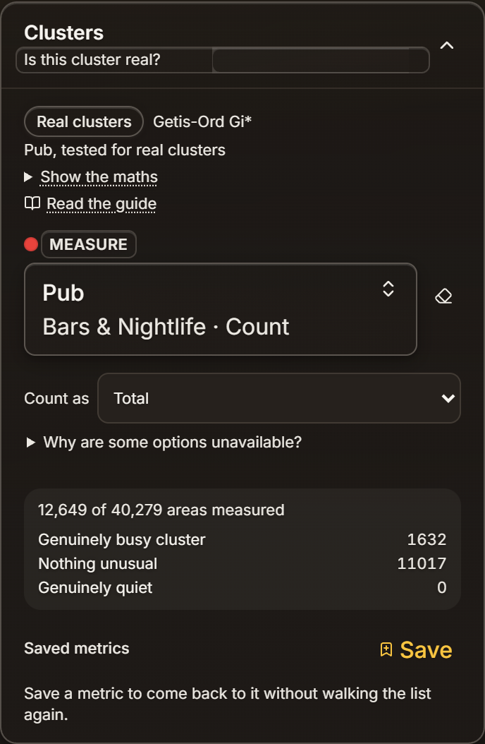 The Clusters panel with Pub selected; the preview counts 1632 genuinely busy cluster, 11017 nothing unusual, 0 genuinely quiet out of 12,649 areas measured
