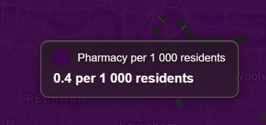 Hover card over a London area reading Pharmacy per 1 000 residents, 0.4 per 1 000 residents