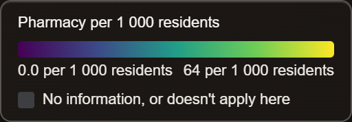 Legend reading Pharmacy per 1 000 residents, a purple to yellow ramp from 0.0 to 64 per 1 000 residents