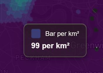 Hover card over a London area reading Bar per km², 99 per km²