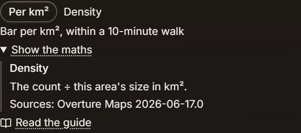 The Show the maths disclosure under the badge, naming Density, stating the count divided by this area's size in km², and citing Overture Maps