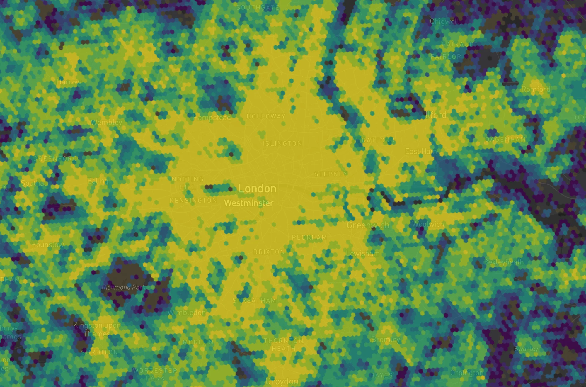 London score map with each factor placed lowest to highest, close to the ranked map with the outer boroughs a shade cooler