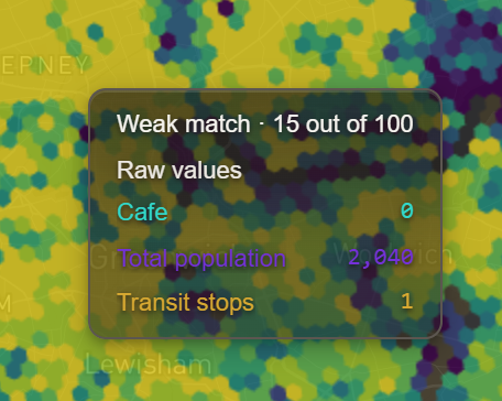 Hover card over the same area reading Weak match, 18 out of 100