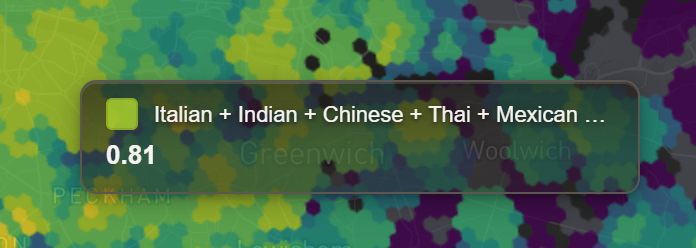 Hover card over a London area naming the six cuisines and giving the area's How even value