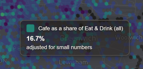 Hover card over a London area reading Cafe as a share of Eat & Drink (all), 16.7%, adjusted for small numbers
