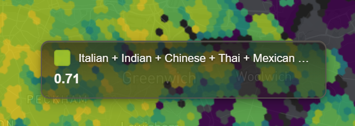 Hover card over a London area naming the six cuisines and giving the area's How mixed value