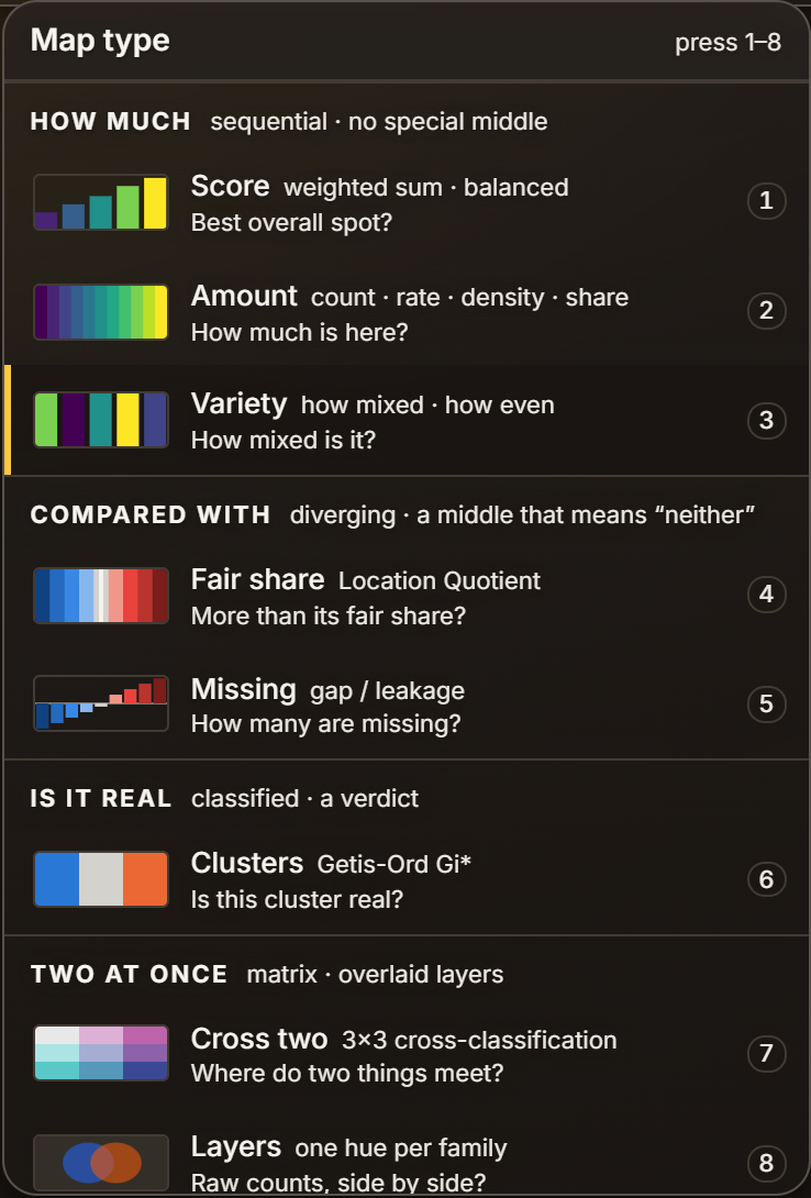 The Map type picker open with Variety selected under How much, labelled how mixed and how even, asking How mixed is it?
