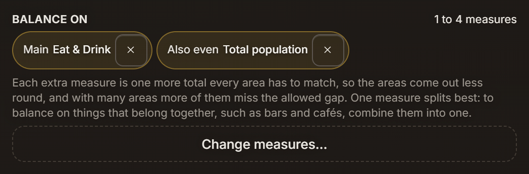 Balance on with two chips, Main Eat & Drink and Also even Total population, and the note: Each extra measure is one more total every area has to match, so the areas come out less round, and with many areas more of them miss the allowed gap. One measure splits best: to balance on things that belong together, such as bars and cafés, combine them into one.