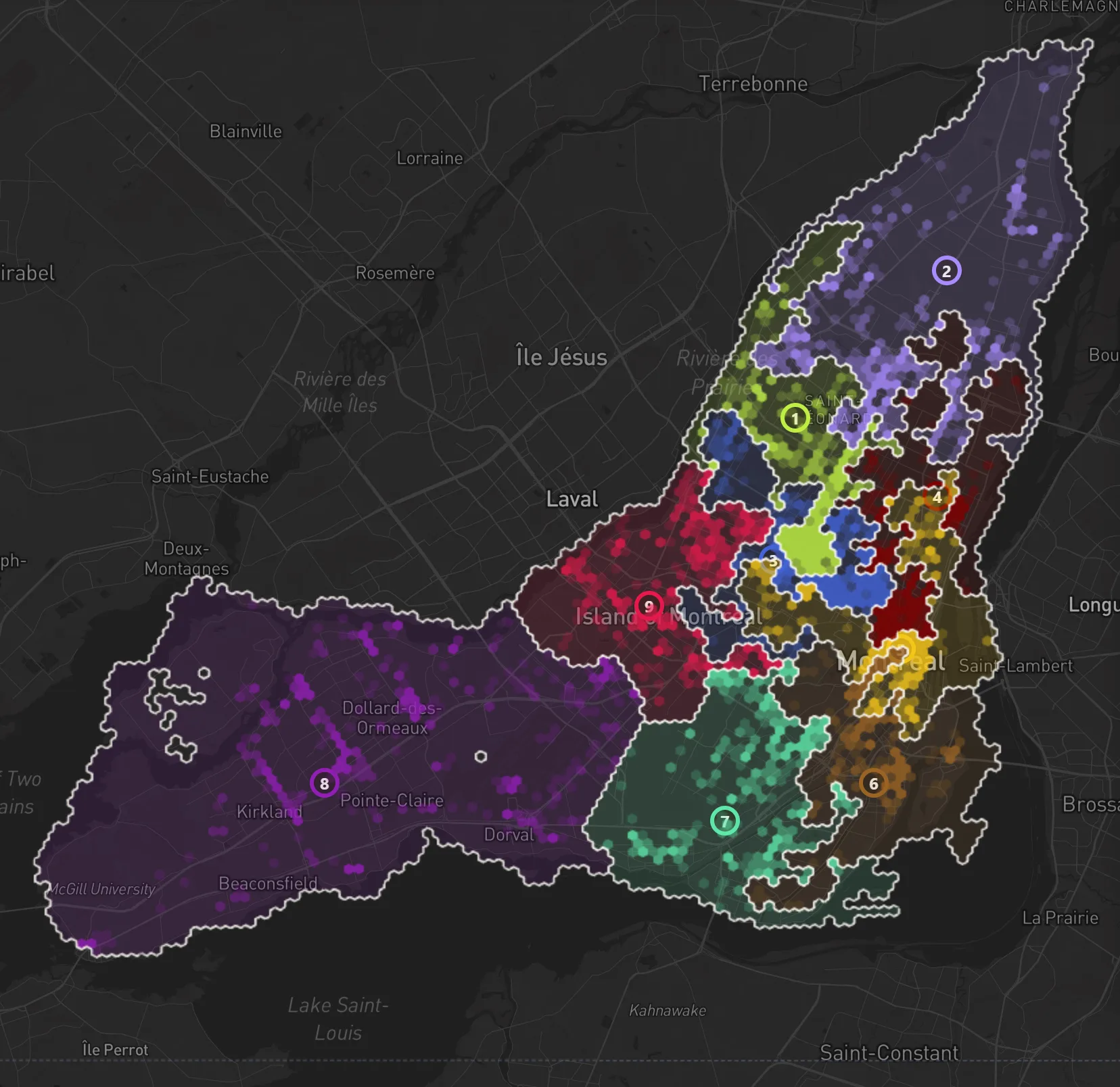 The island of Montreal split on Eat & Drink and Total population together: nine areas with ragged, interlocking borders around downtown and the north-east