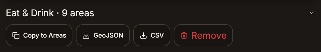 The split's name, Eat & Drink · 9 areas, above four buttons: Copy to Areas, GeoJSON, CSV and Remove