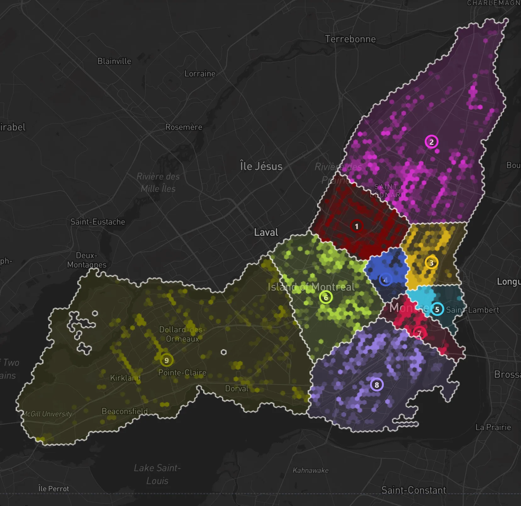 The island of Montreal, inside its city boundary, divided into nine colored and numbered areas: small areas packed around downtown and the Plateau, where places to eat and drink are dense, and large ones across the north-east and the West Island, where they are spread out