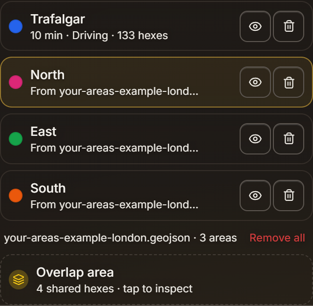 The Areas list: Trafalgar, 10 min · Driving · 133 hexes; then the example file's northern (selected), eastern and southern areas, each From your-areas-example-london...; each row with an eye and a bin; then your-areas-example-london.geojson · 3 areas with a red Remove all; and an Overlap area row reading 4 shared hexes · tap to inspect