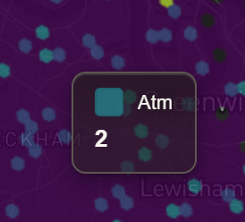Hover card over a London area reading Atm, 0