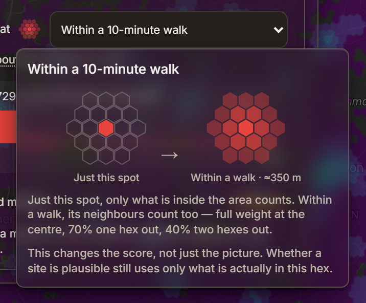 The Look at control with its explainer open: two hexagon flowers, Just this spot with one highlighted centre and Within a walk with all nineteen highlighted, and text explaining the 100%, 70% and 40% weights