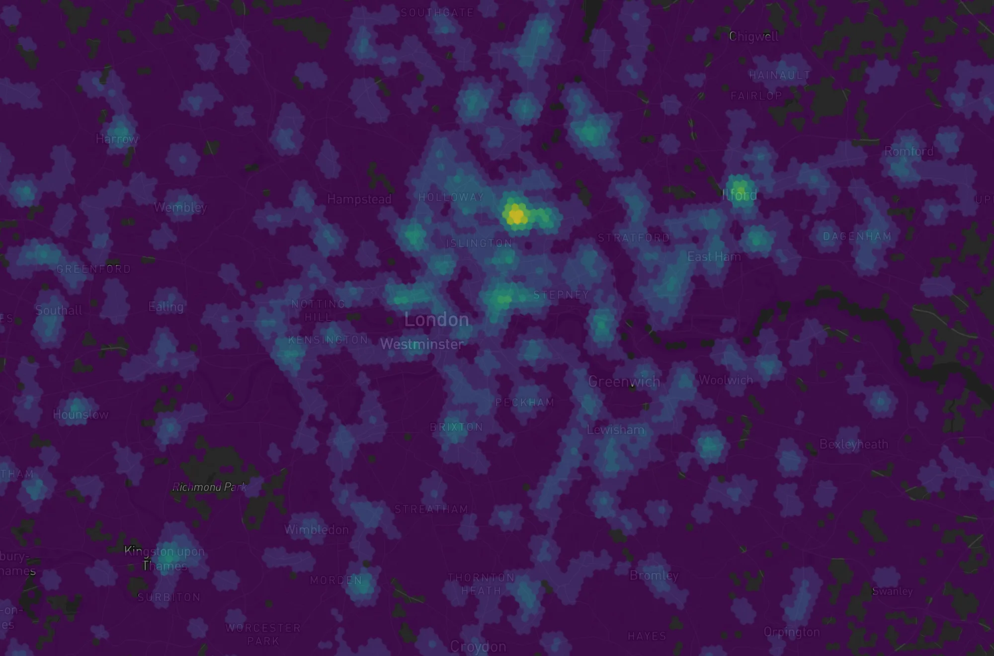 London map of ATMs counted within a 10-minute walk, showing connected bright patches at town centres