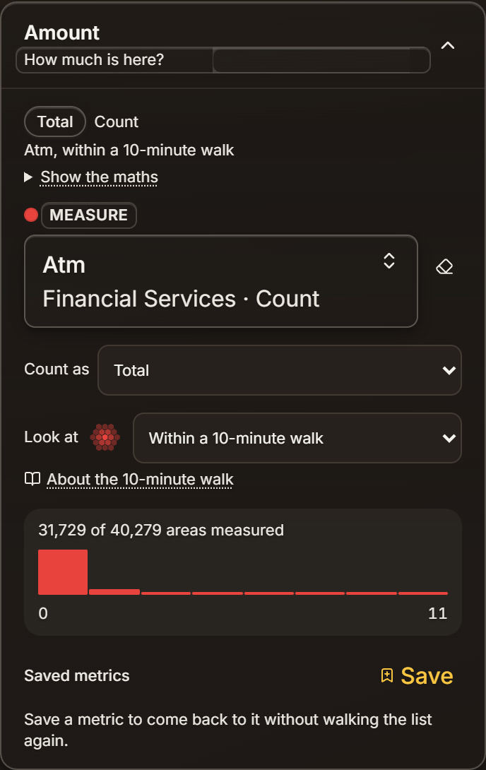 The Amount panel with Atm selected and Look at set to Within a 10-minute walk