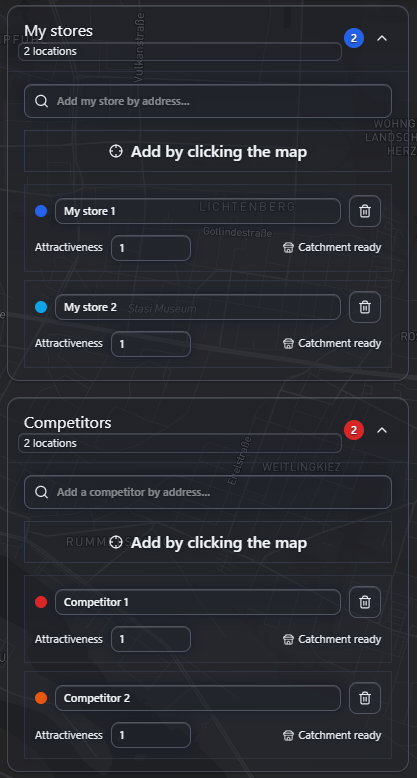 MapBees Market Share panel showing My stores and Competitors groups, each with two locations and an attractiveness field