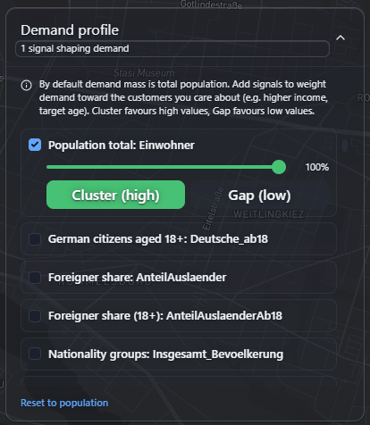 Demand profile card with collapsible groups of demand fields, including a building volume group, with checkboxes and Cluster/Gap buttons for rate fields