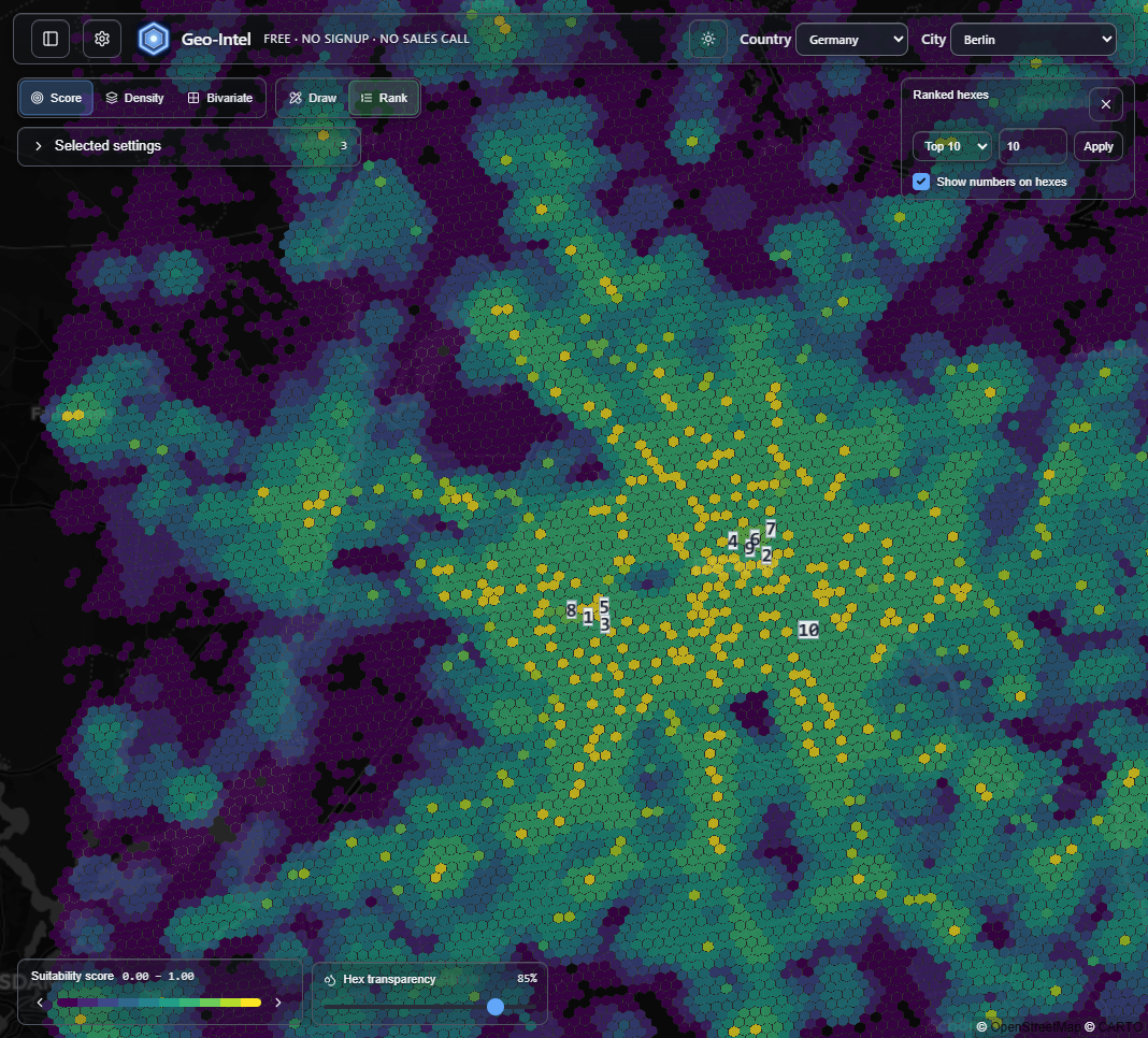 MapBees map with the top ten highest-scoring tiles numbered one through ten