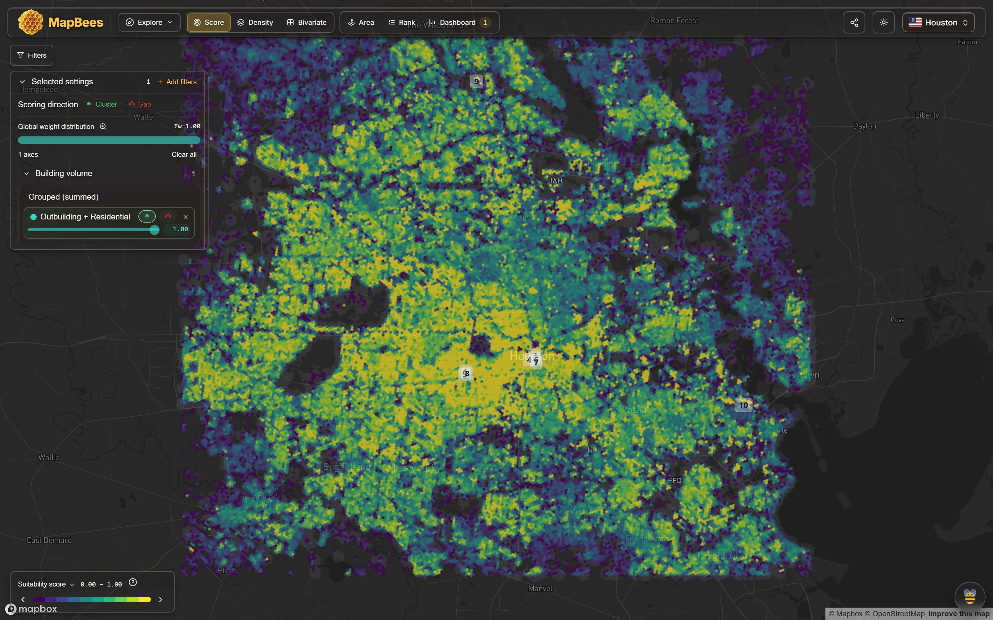 The MapBees map of Houston before any question is asked, showing the city covered in small coloured hexagonal tiles
