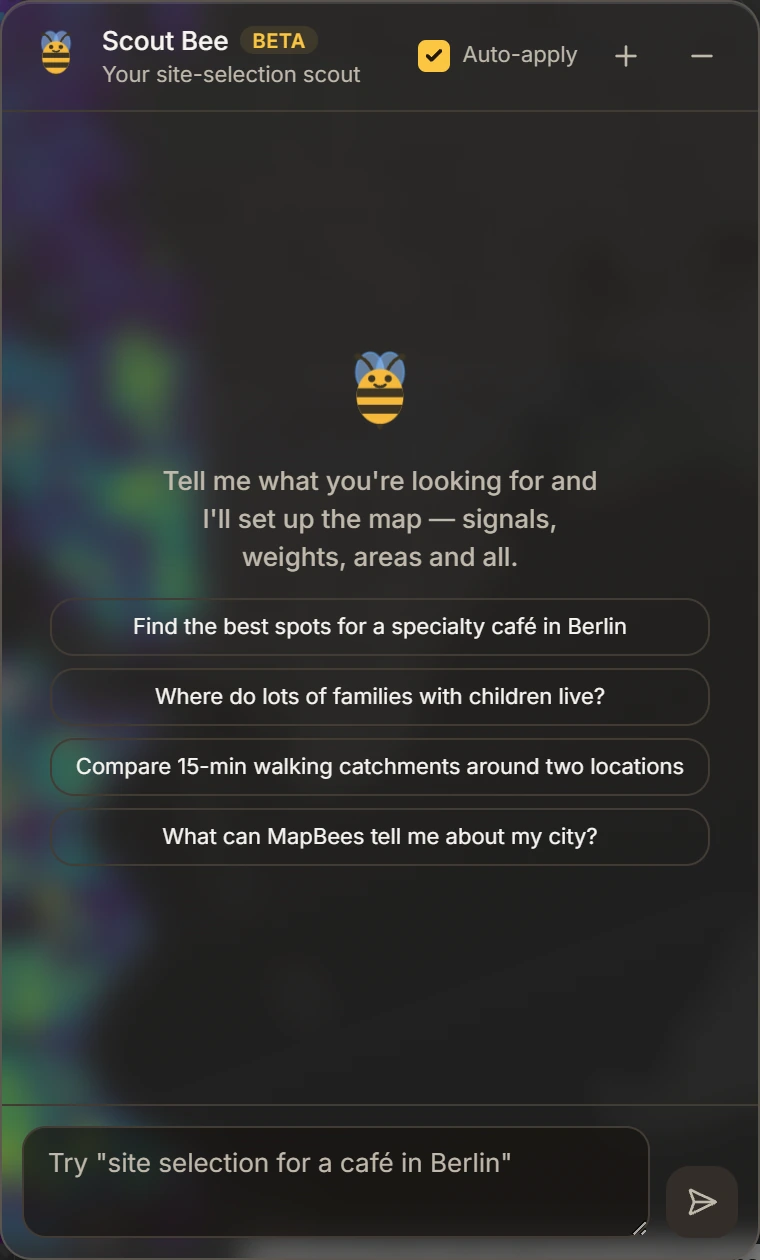 The Scout Bee chat panel when first opened, with a bee illustration, the invitation to describe what you are looking for, and four suggested questions