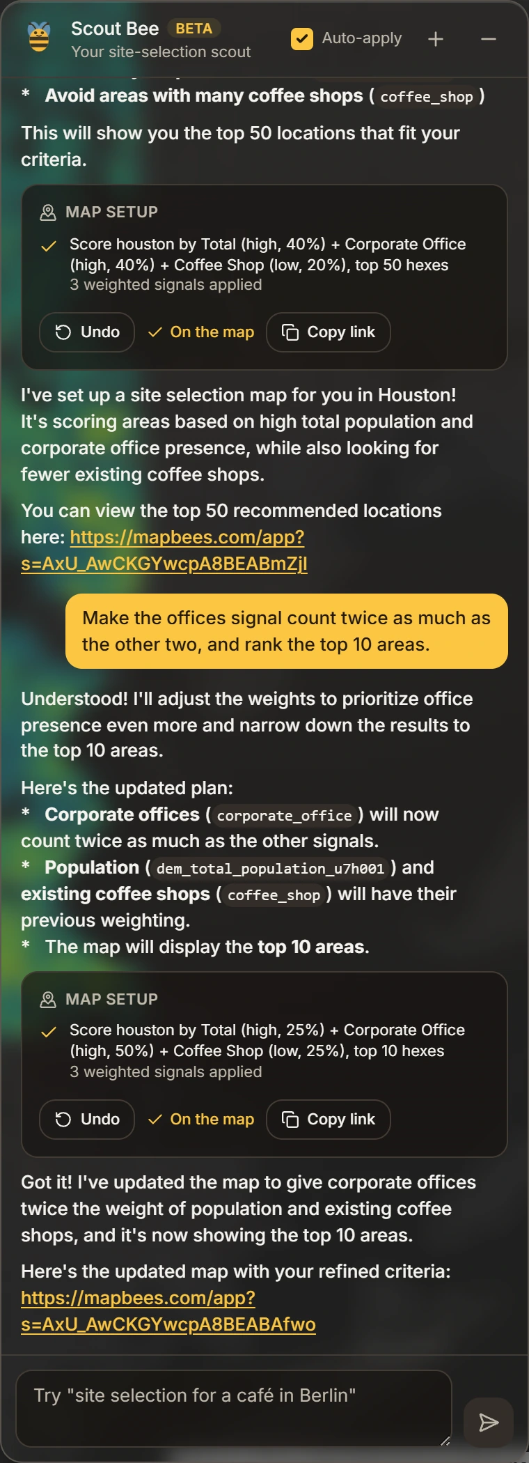 Scout Bee chat showing the follow-up request to double the weight of offices and rank the top 10 areas, with a Map setup card confirming the new 50, 25 and 25 percent weights and top 10 hexes