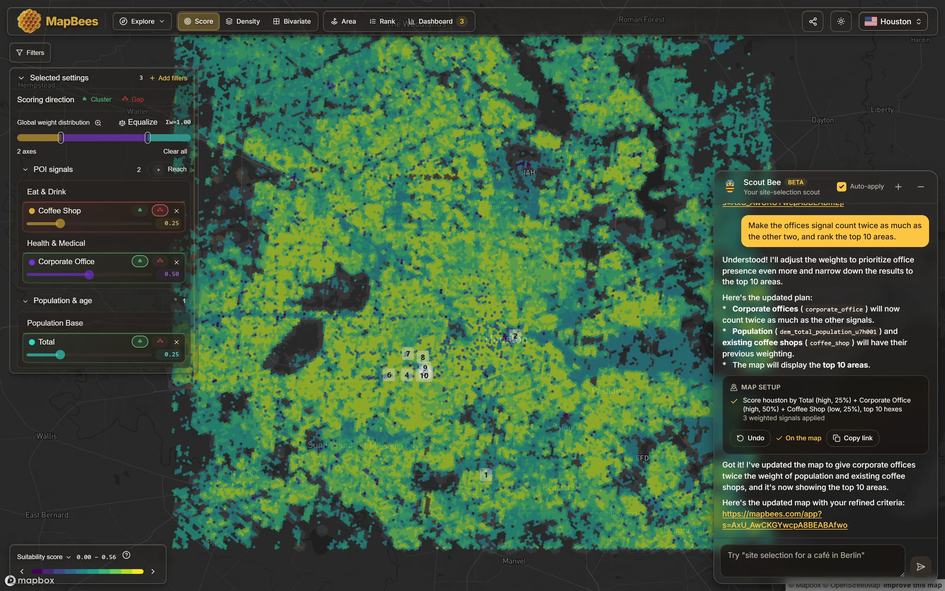 The Houston map re-scored with offices weighted double, showing numbered badges from 1 to 10 marking the highest scoring tiles clustered around central Houston