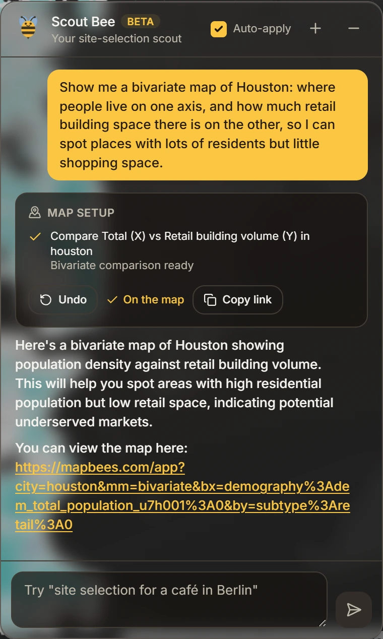 Scout Bee chat confirming a bivariate map of Houston comparing total population against retail building volume, with a Map setup card and a share link
