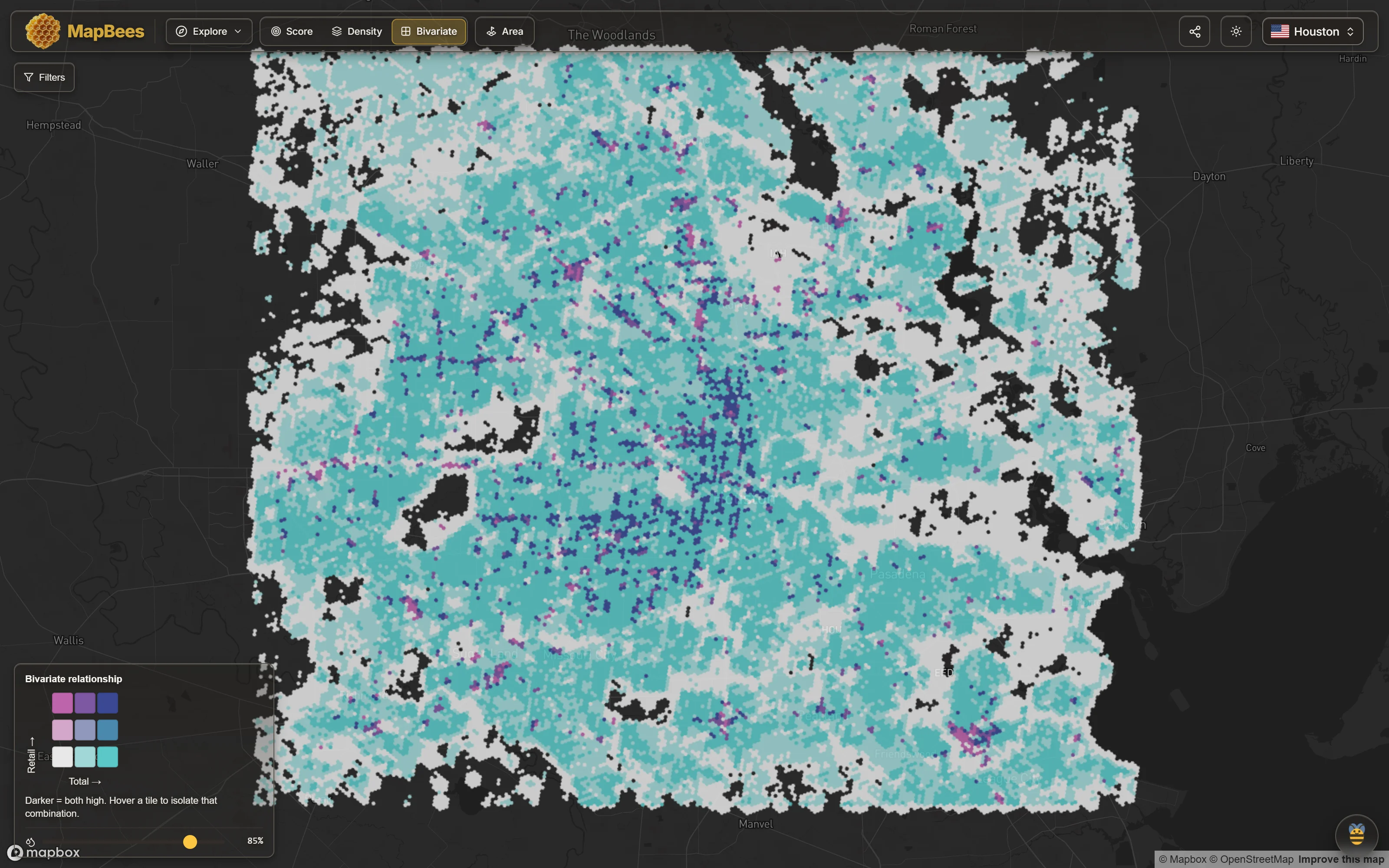Houston shaded as a bivariate map in teal, grey, purple and magenta, with dark purple concentrations along the main commercial corridors and broad teal areas across the residential suburbs