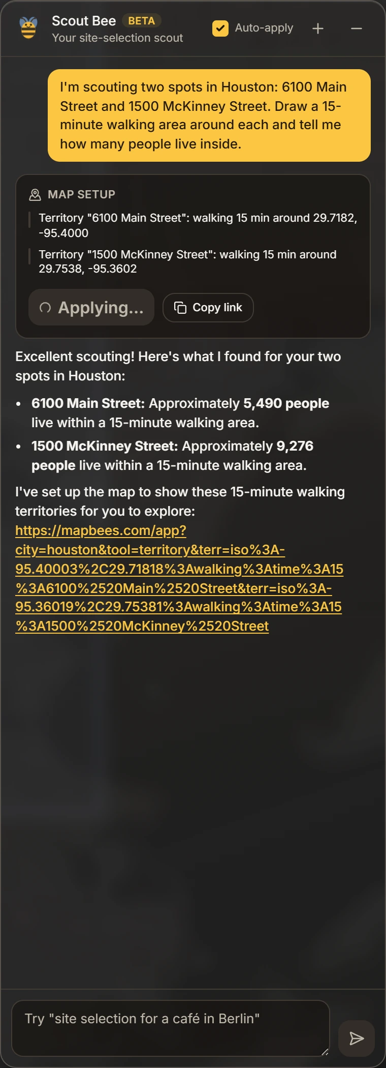 Scout Bee chat with a Map setup card listing two walking territories around 6100 Main Street and 1500 McKinney Street, and a reply stating approximately 5,490 people live within a 15-minute walk of the first and 9,276 of the second