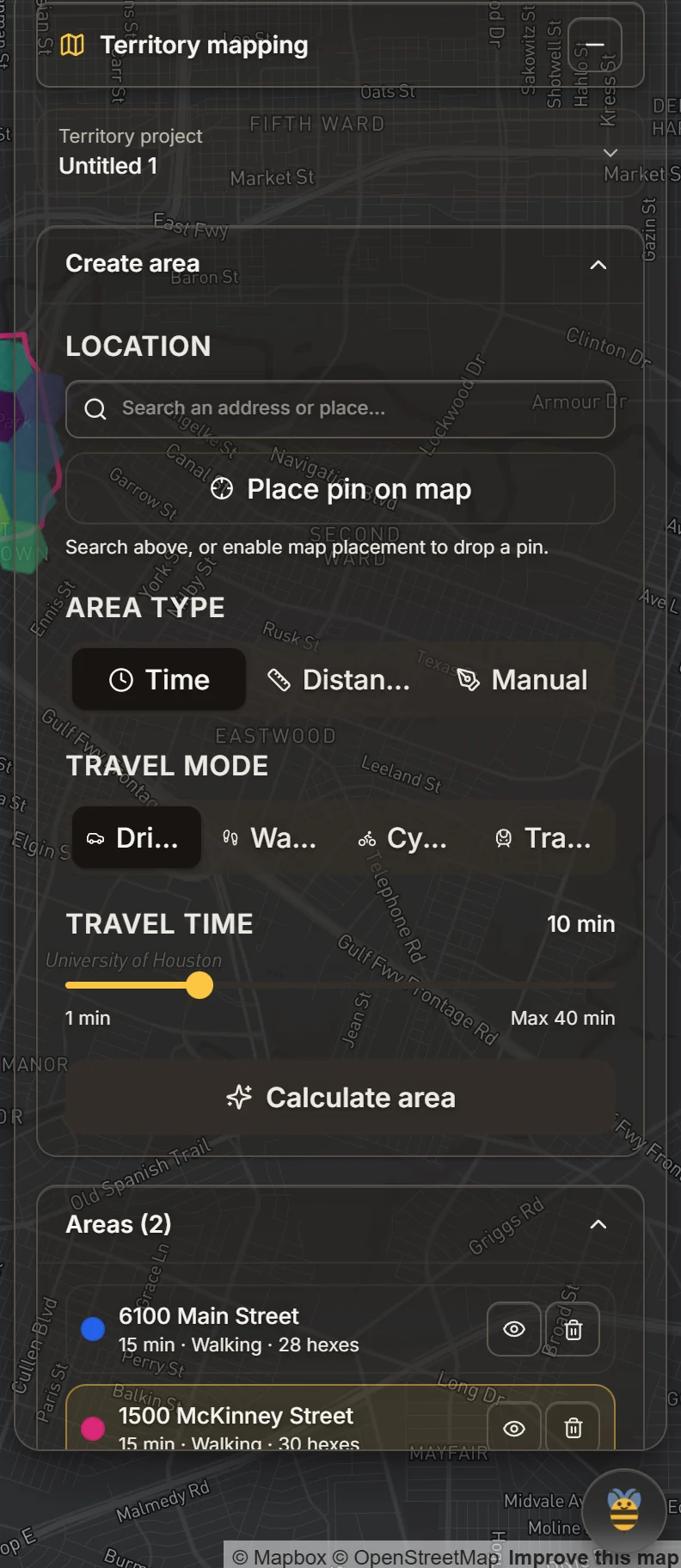 The Territory mapping panel showing a Create area section with location search, area type, travel mode and travel time controls, and an Areas list containing 6100 Main Street at 15 minutes walking over 28 tiles and 1500 McKinney Street at 15 minutes walking over 30 tiles