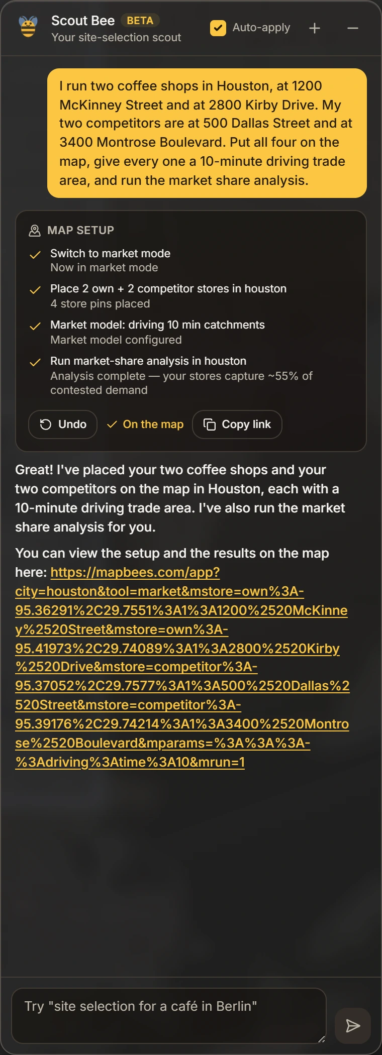 Scout Bee chat with a four-step Map setup card - switch to market mode, place 2 own plus 2 competitor stores, set driving 10 minute catchments, and run the market-share analysis with the result that the user's stores capture around 55 percent of contested demand