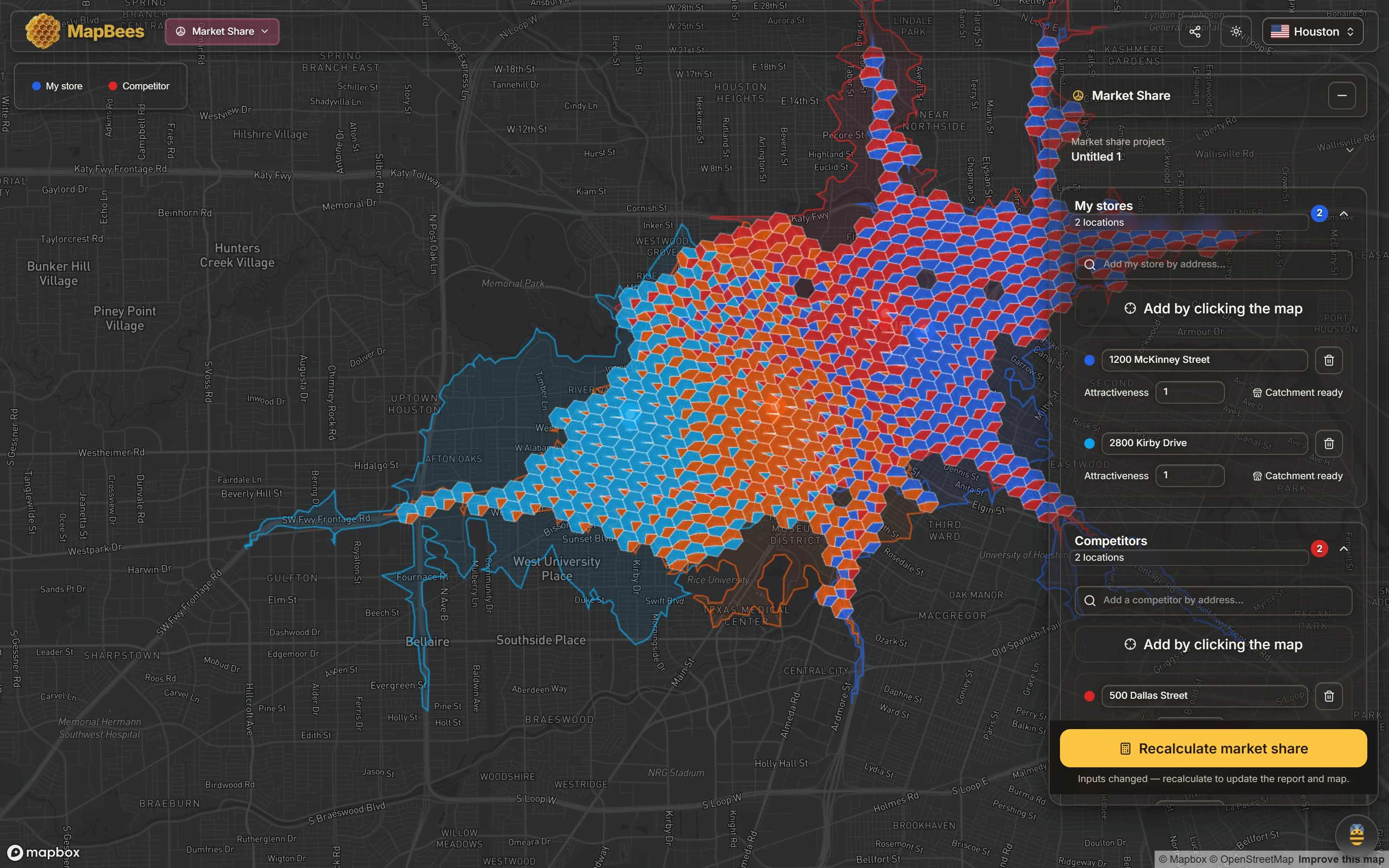 Central Houston with four overlapping 10-minute driving trade areas outlined in blue, red and orange, the overlapping tiles shaded to show which shop is likely to capture the customers there