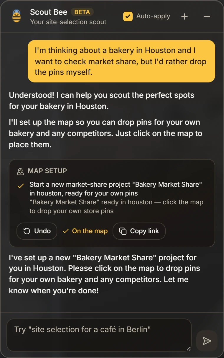 Scout Bee chat replying that a 10-minute walking catchment makes sense for a bakery, with a Map setup card that starts a new market-share project ready for the user's own pins and an invitation to click the map