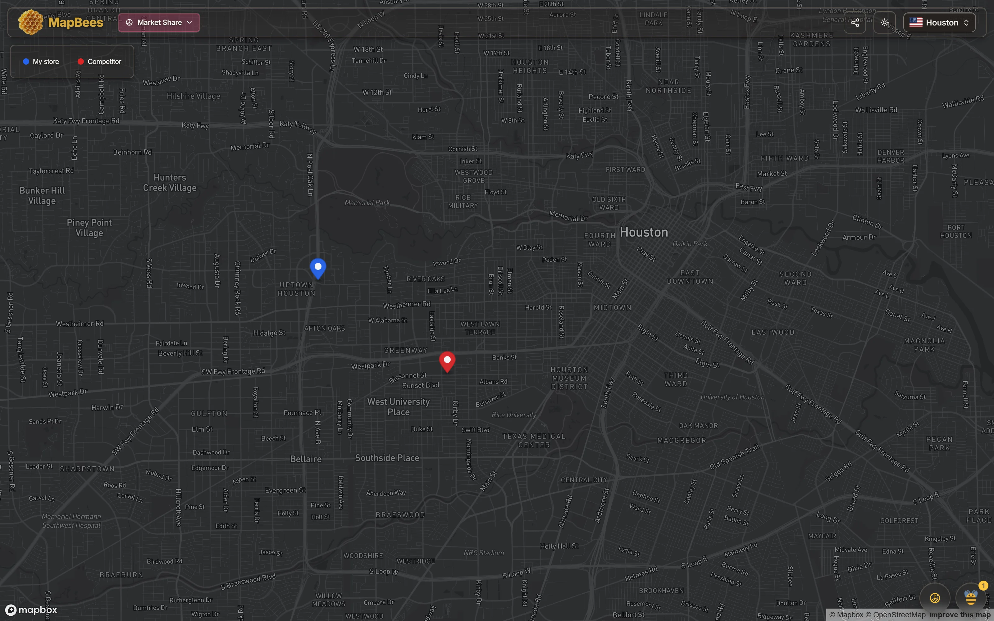 The Houston map with one blue My store pin and one red Competitor pin dropped by hand, and a legend in the top-left corner distinguishing the two
